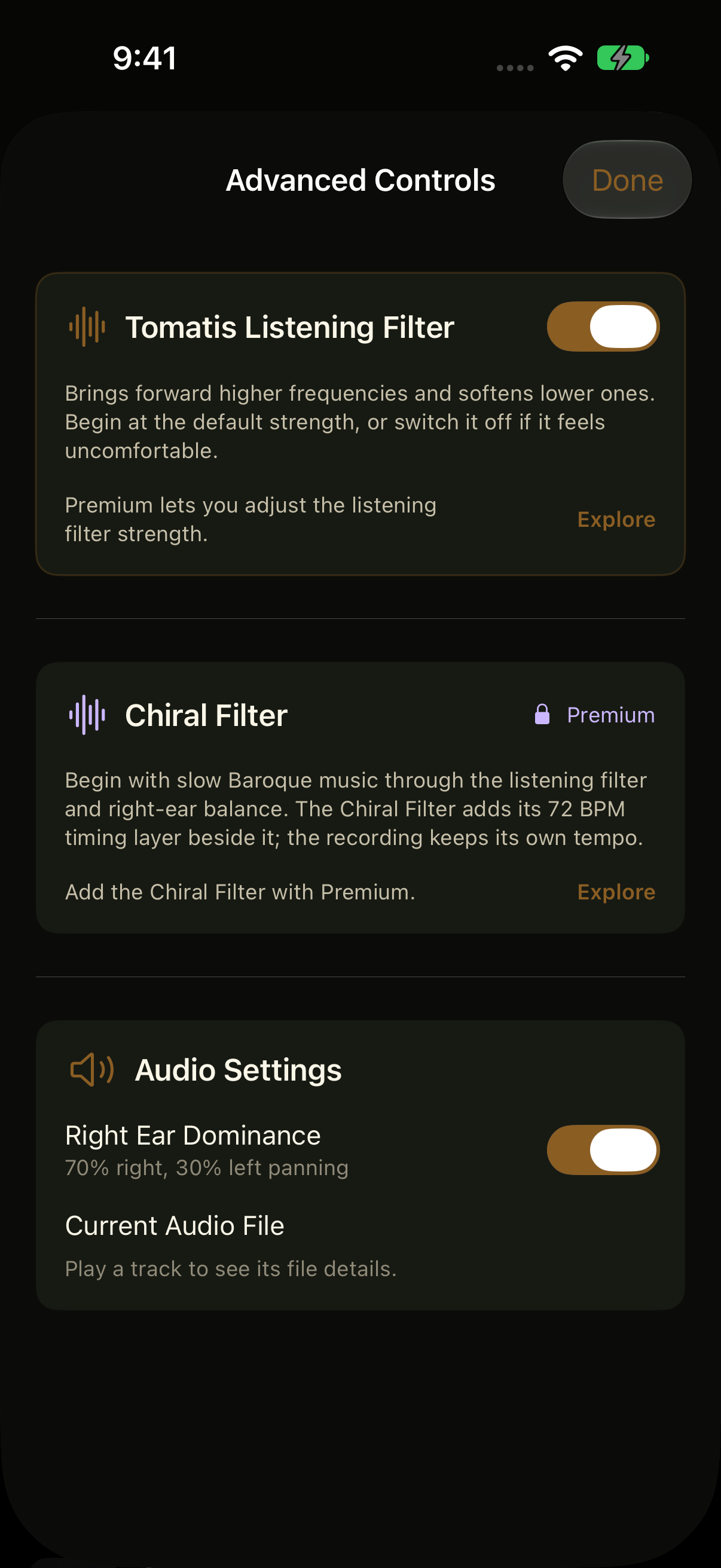 Current Logos iOS Free listening controls, showing the Premium Chiral Filter lock
